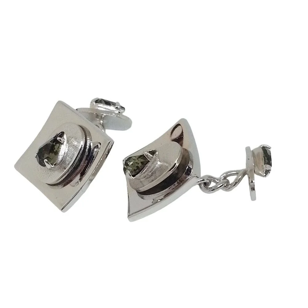 Smoke Faceted Glass Stone Cufflinks‎ Silver Tone Teardrop Double Faced Chainlink
